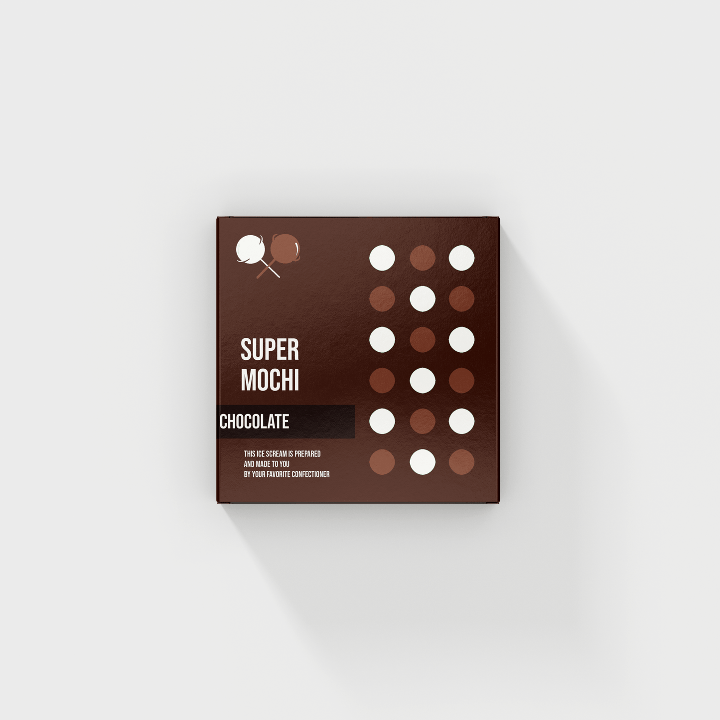 A square box labeled "Custom Food Box" from the brand "105 Packaging" features a custom brown and white polka dot design on the front. The text mentions it contains chocolate mochi, prepared and ready to eat.