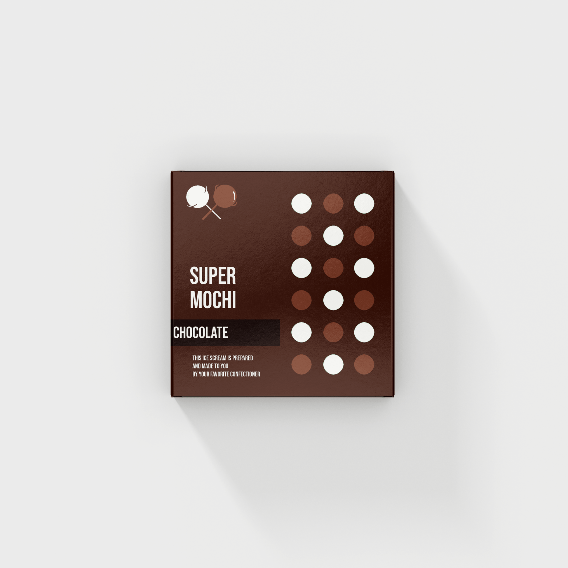 A square box labeled "Custom Food Box" from the brand "105 Packaging" features a custom brown and white polka dot design on the front. The text mentions it contains chocolate mochi, prepared and ready to eat.