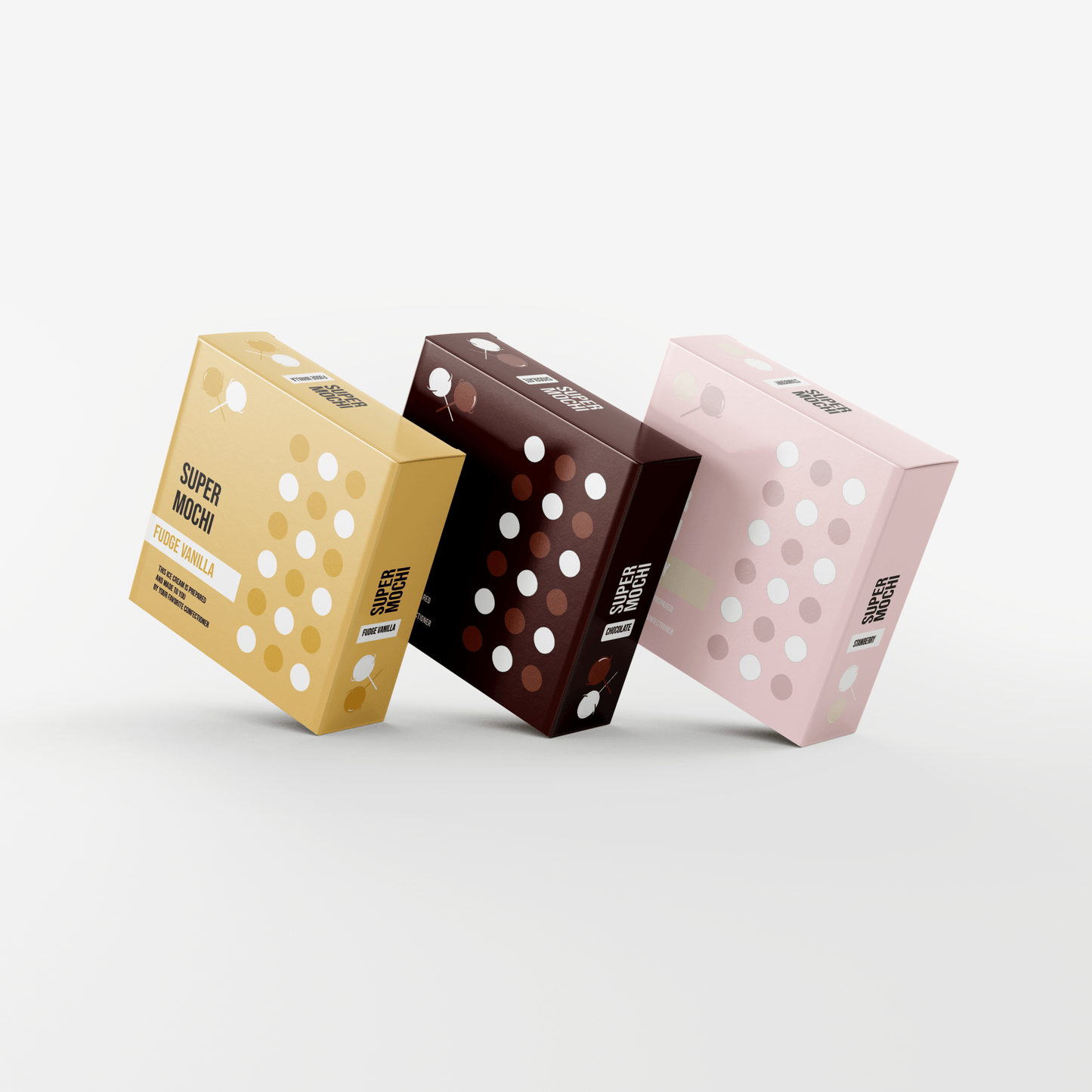 Three vibrant boxes of custom "Custom Food Box" desserts by 105 Packaging are displayed against a white background. The packaging features yellow, brown, and pink colors, each labeled with different flavors.