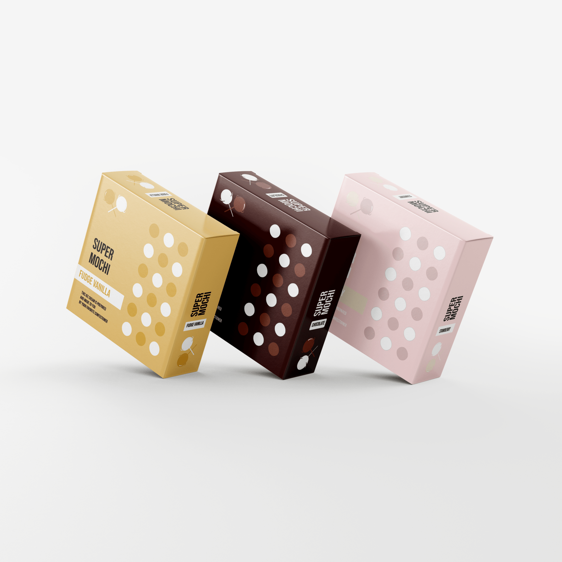 Three vibrant boxes of custom "Custom Food Box" desserts by 105 Packaging are displayed against a white background. The packaging features yellow, brown, and pink colors, each labeled with different flavors.