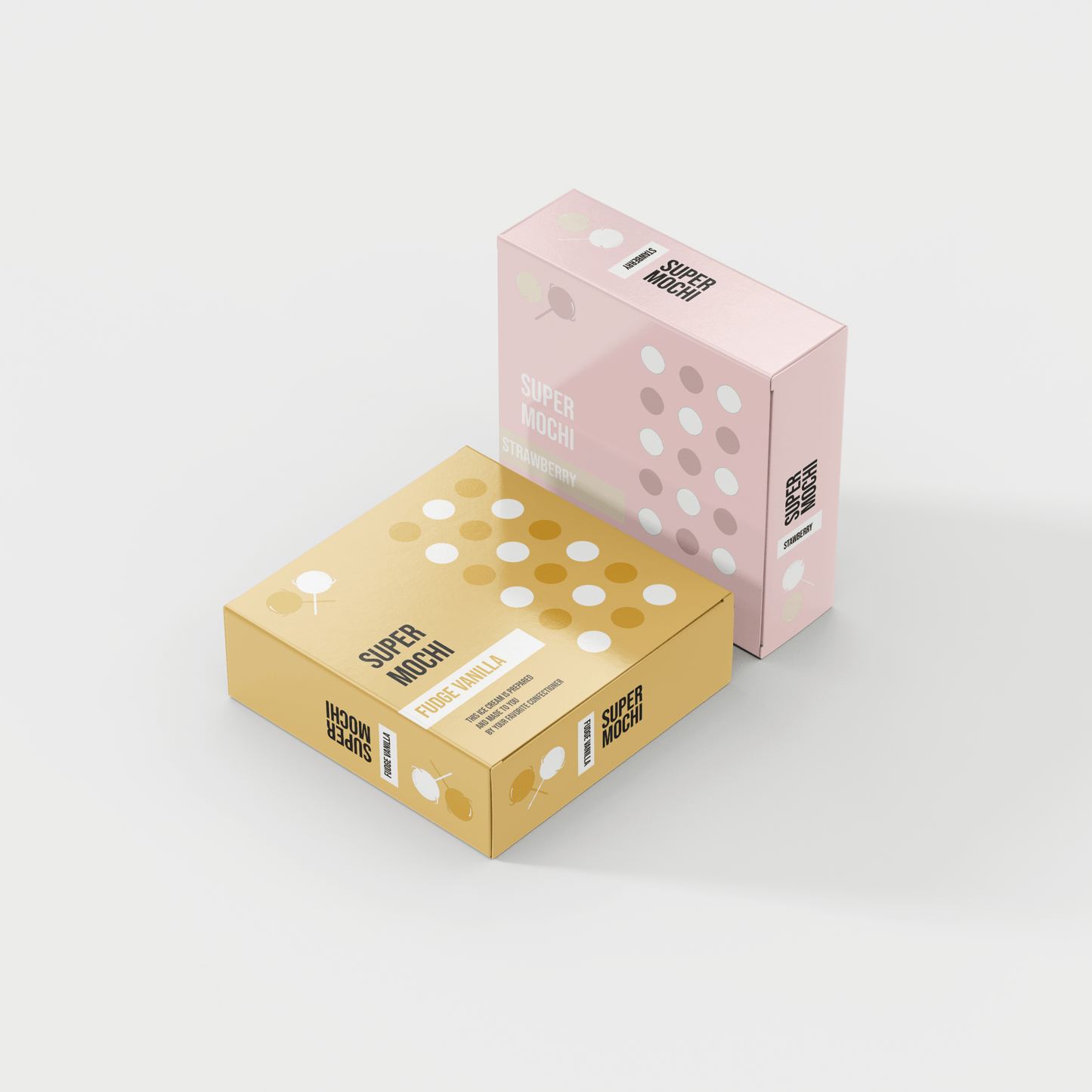 Two boxes of Custom Food Box by 105 Packaging, one pink labeled "strawberry" and one gold labeled "fresh milk," are placed on a white surface. Both boxes showcase a polka dot pattern and include a small barcode.