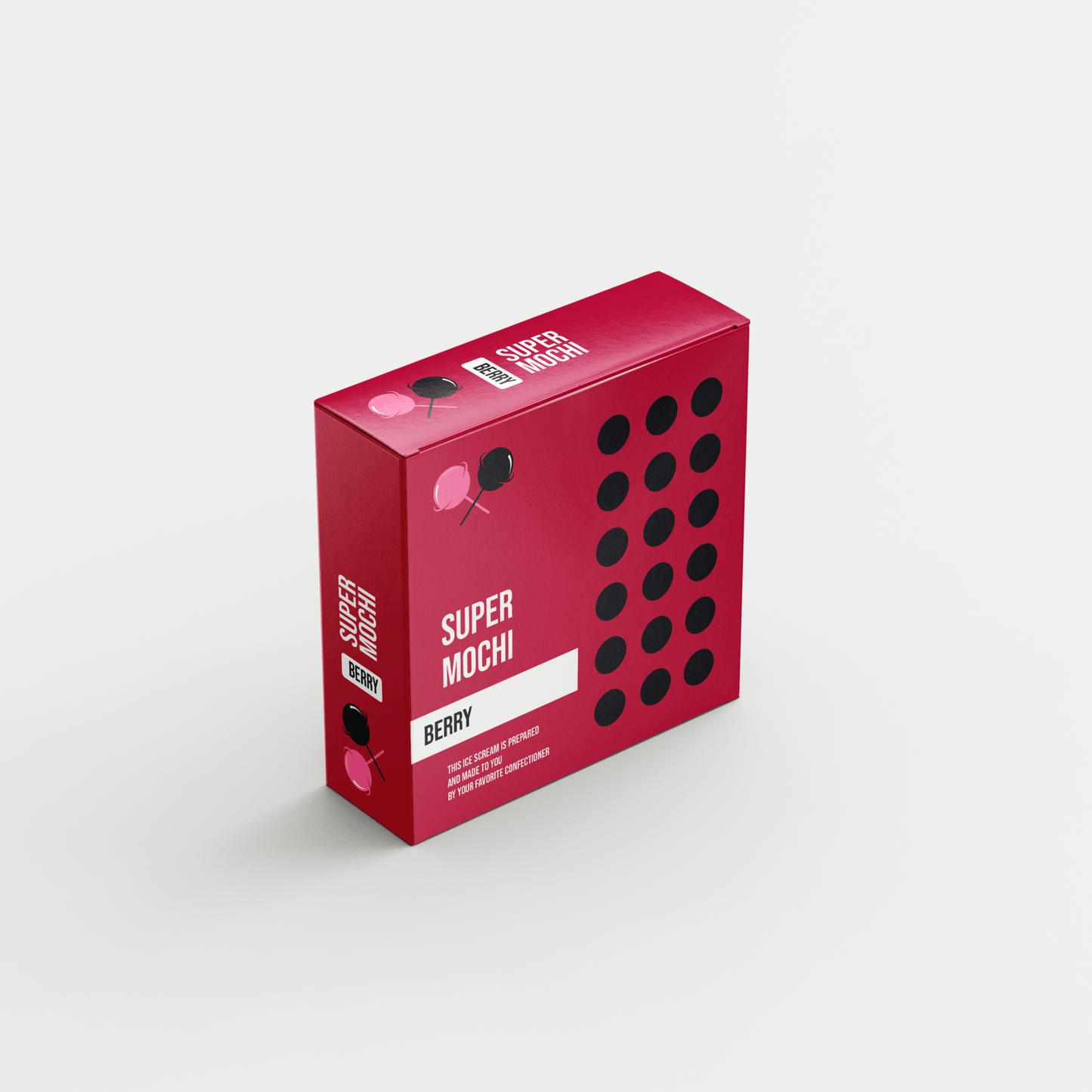 A Custom Food Box by 105 Packaging in a red color, featuring a minimalist design with black polka dots and custom illustrations of berries in the Super Mochi Berry flavor.