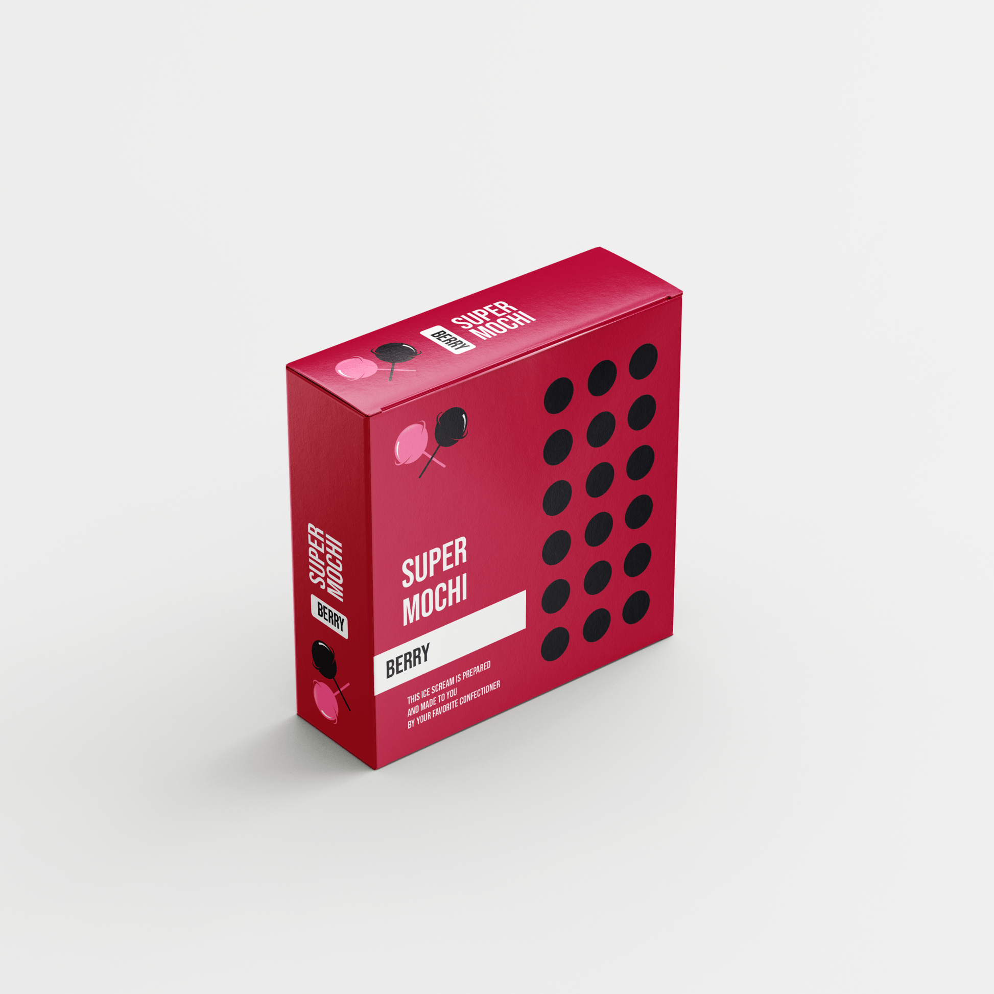 A Custom Food Box by 105 Packaging in a red color, featuring a minimalist design with black polka dots and custom illustrations of berries in the Super Mochi Berry flavor.