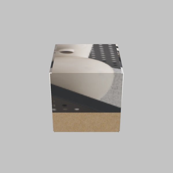 A Custom Mailer Box by 105 Packaging, featuring a beige cube design textured with a partial image of eggs, placed in a grey perforated container.
