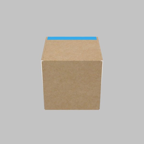 A Custom Mailer Box by 105 Packaging with a strip of blue tape along the top is centered against a neutral gray background.