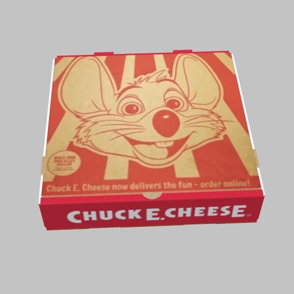 A closed Custom Pizza Box from 105 Packaging featuring a cartoon mouse face on the lid.