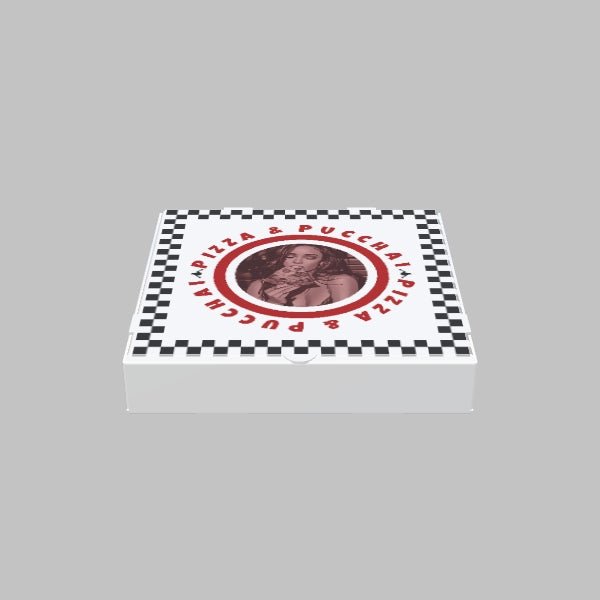 A Custom Pizza Box from 105 Packaging features a black and white checkerboard border and a vintage-style illustration on the lid, labeled "Pizza & Puccini.