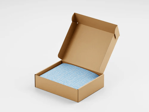 A brown Plain Mailer Box by 105 Packaging is open, revealing a blue patterned paper lining inside. The box is set against a plain white background.