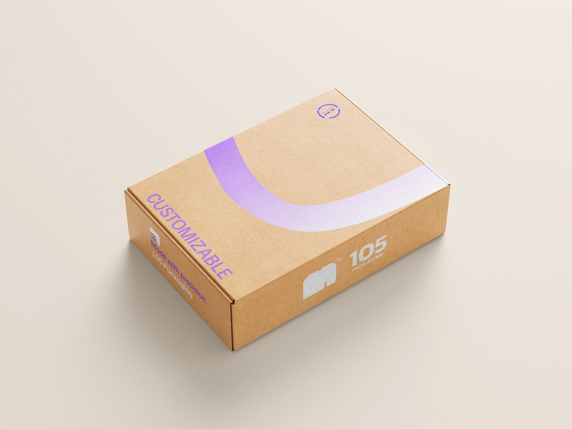 A closed brown Custom Mailer Box from 105 Packaging features the word "Customizable" along with an image of a t-shirt. The packaging also includes a purple curved line design and a small circular logo in the corner, highlighting its custom appeal.