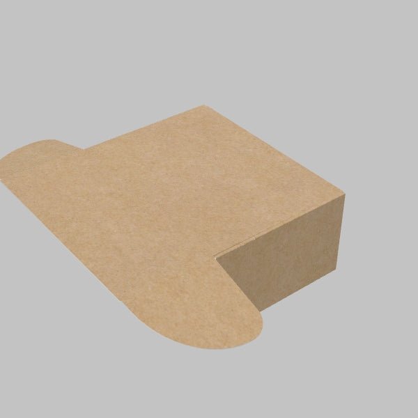 A Custom Mailer Box by 105 Packaging, featuring a brown, flat, rectangular piece of cardboard with two curved flaps on each side, is laying on a light grey surface.