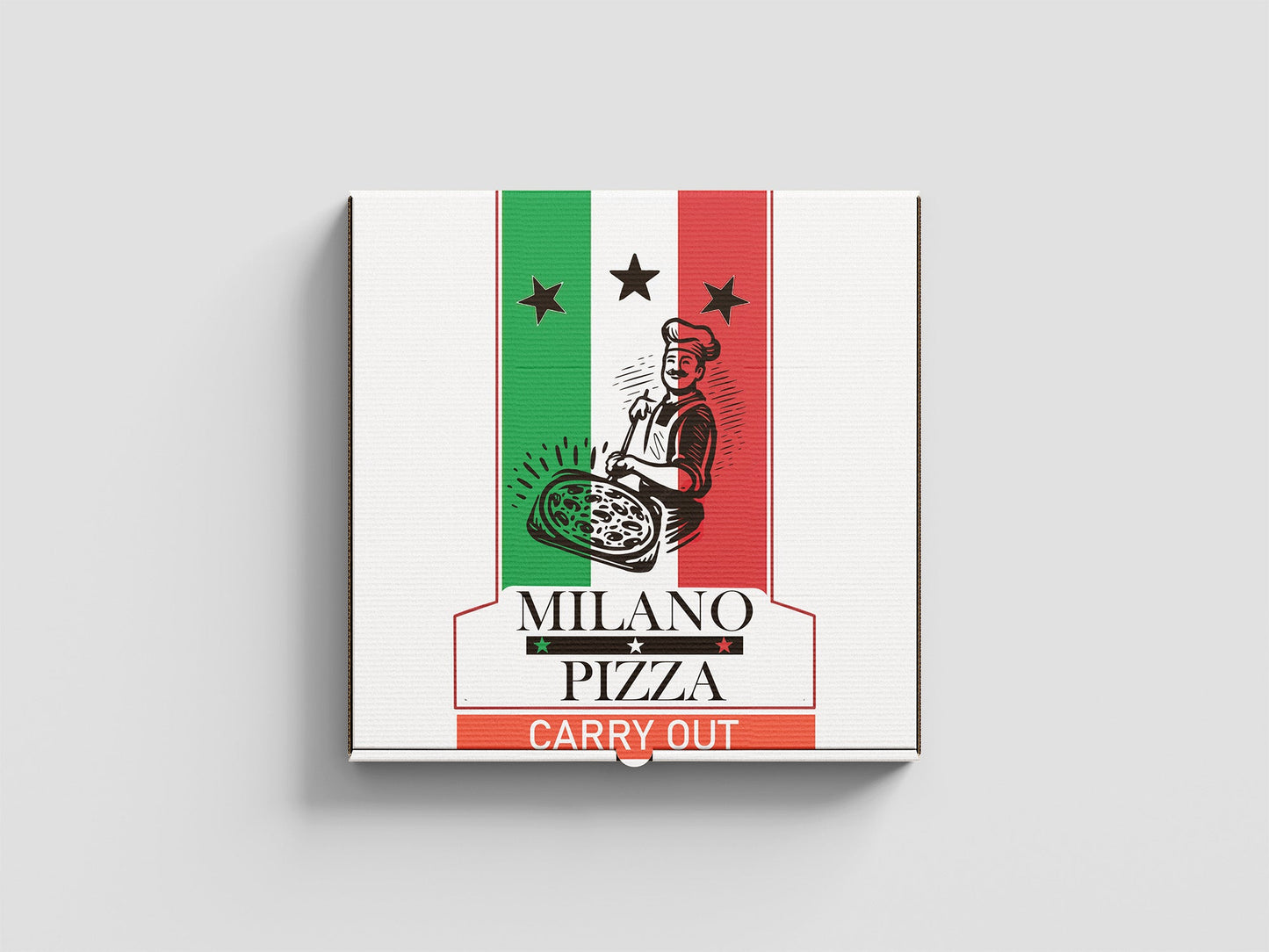 A custom pizza box from 105 Packaging, featuring an Italian flag design and a chef holding a pizza, labeled "Milano Pizza" and "Carry Out," exemplifies superior packaging.