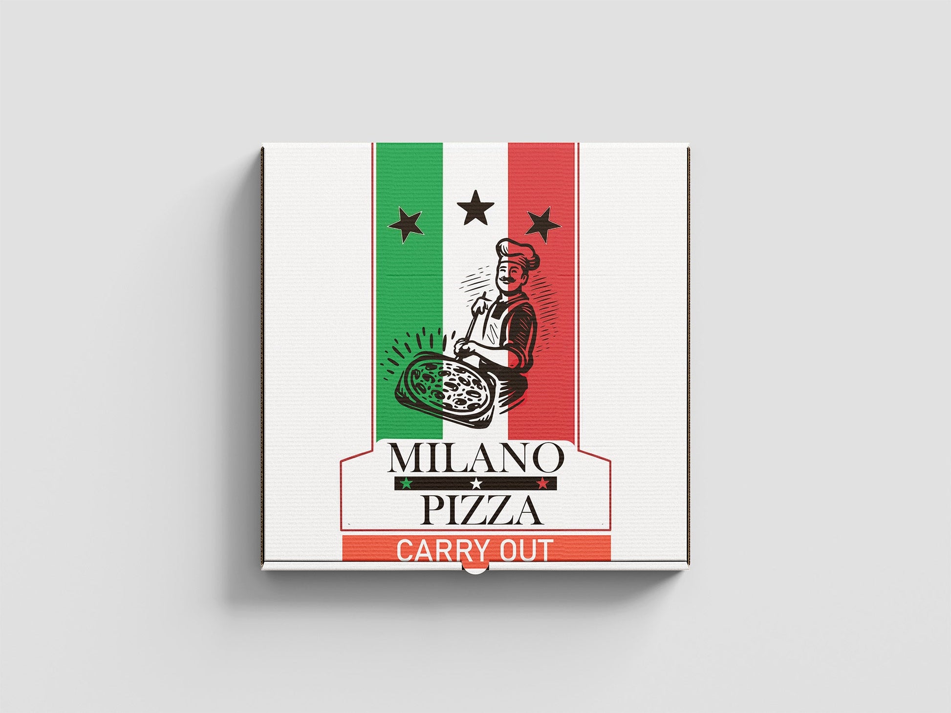 A custom pizza box from 105 Packaging, featuring an Italian flag design and a chef holding a pizza, labeled "Milano Pizza" and "Carry Out," exemplifies superior packaging.