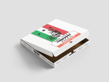 A closed Custom Pizza Box by 105 Packaging, showcasing Milano Pizza branding with an illustration of a pizza chef and the colors of the Italian flag. The text on the custom packaging reads "Milano Pizza Carry Out.