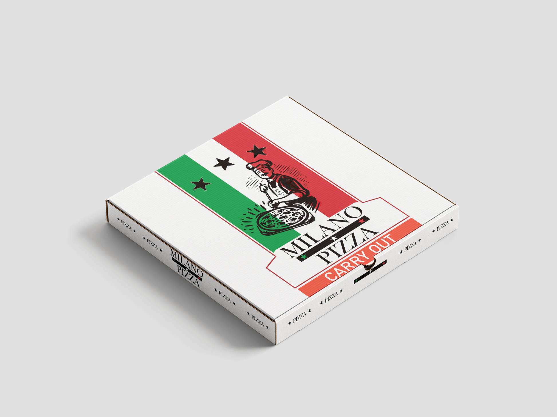 A closed Custom Pizza Box from 105 Packaging featuring a vibrant Italian flag design, an illustration of a chef holding a pizza, and the brand's name "MILANO PIZZA CARRY OUT" boldly displayed on the lid.