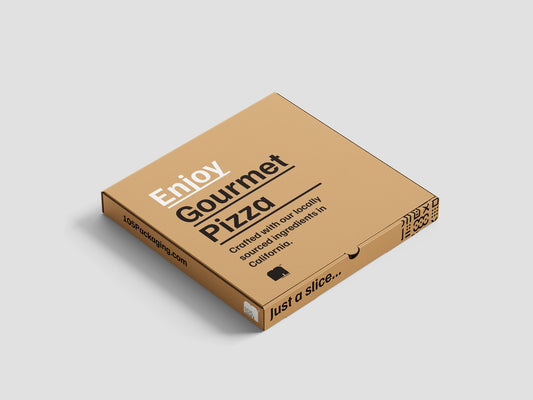 Brown Custom Pizza Box with text saying "Enjoy Gourmet Pizza," "Crafted with our locally sourced ingredients in California," and "Just a slice...". The design features a website URL, a slice-shaped cutout, and highlights the 105 Packaging quality.