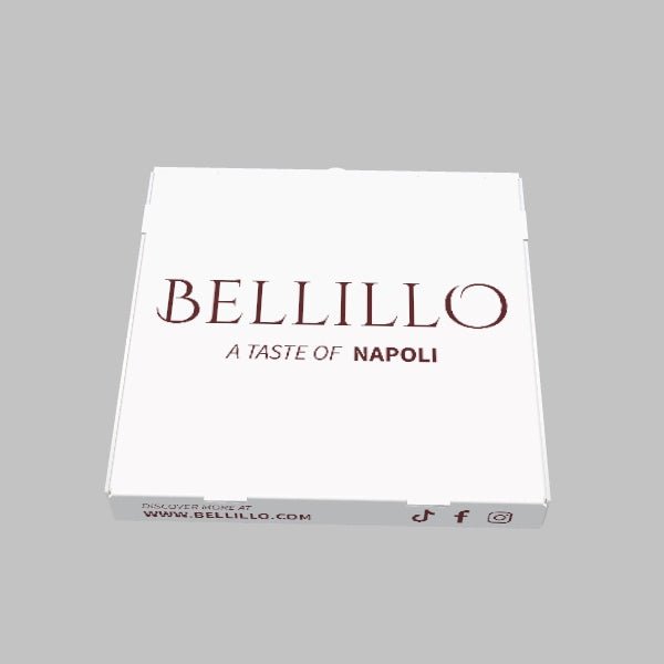 A custom pizza box by 105 Packaging, featuring a white lid with the text "Bellillo A Taste of Napoli." The sides of the box display icons for the website and social media.