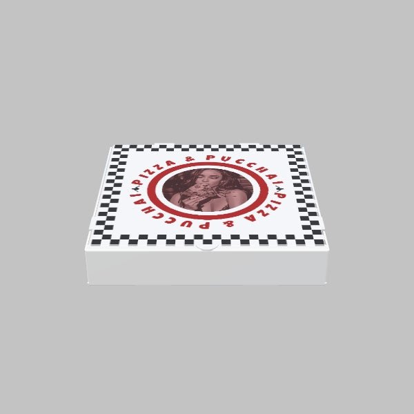 A closed custom pizza box from 105 Packaging in white, featuring a black and white checkerboard border. The top showcases a circular image of a woman holding a pizza, encircled by the text "Pizza & Puccini.