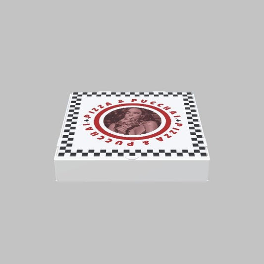 A closed custom pizza box from 105 Packaging in white, featuring a black and white checkerboard border. The top showcases a circular image of a woman holding a pizza, encircled by the text "Pizza & Puccini.