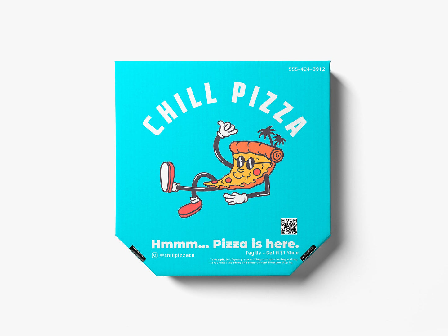 This Custom Pizza Box from 105 Packaging features a bright blue design with a cheerful, animated slice of pizza character lounging. The text on the box reads "CHILL PIZZA" and "Hmmm... Pizza is here." This eye-catching packaging perfectly encapsulates our brand's fun vibe. Additionally, the contact information and social media handle are prominently displayed.