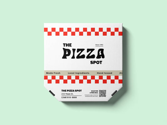 A white Custom Pizza Box (Bevel) from 105 Packaging, decorated with a red checkered pattern and branded as "The Pizza Spot," emphasizes fresh, local ingredients and hand-tossed craftsmanship. The box includes contact details and a QR code visible at the bottom.