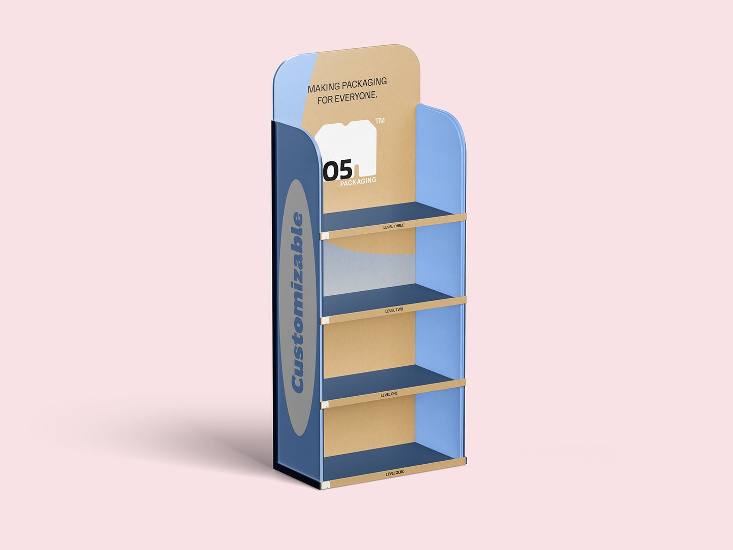 A blue and beige, four-tiered Custom Point-of-Purchase (POP) display stand labeled "Customizable" with the logo "105 Packaging" and the text "Making packaging for everyone." This custom display stand is perfect for showcasing your brand.