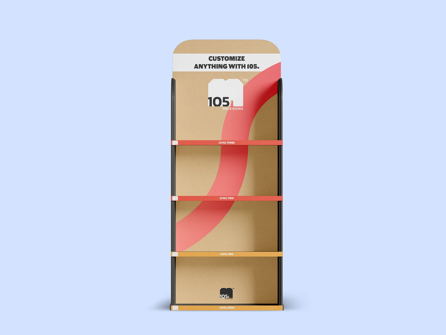 The Custom Point-of-Purchase (POP) Displays by 105 Packaging feature four customizable shelves and a header with the message "Customize Anything with 105 Packaging," making them perfect for showcasing your brand's design.