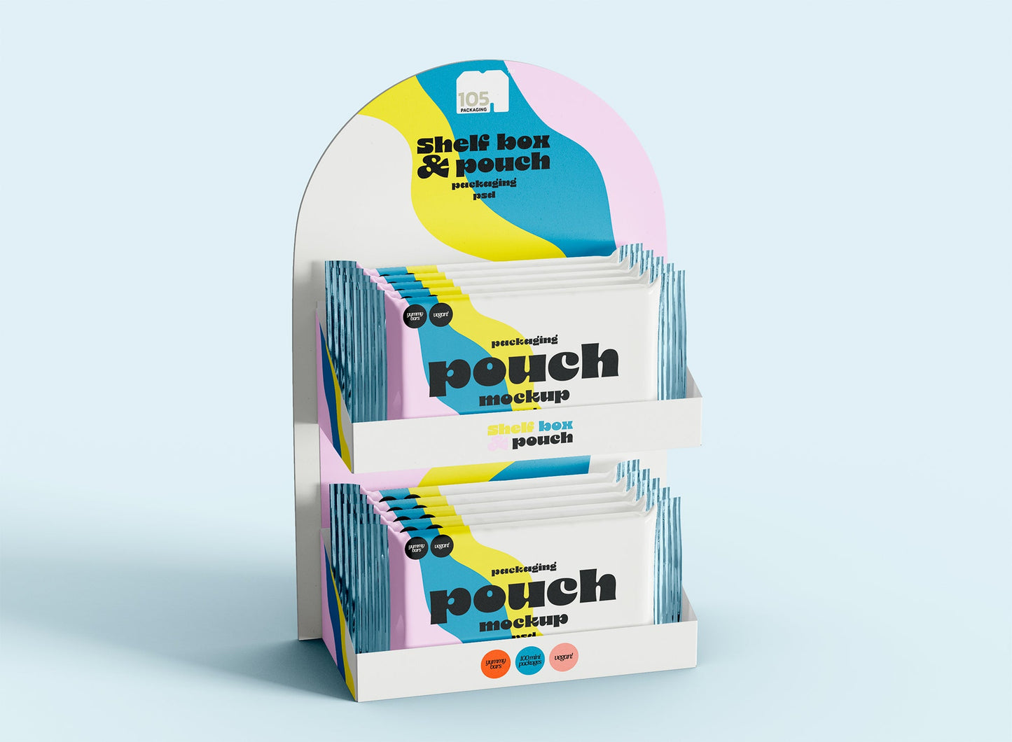 A display stand with two shelves holds multiple identical pouches in colorful packaging labeled "Pouch Mockup" against a light blue background, showcasing the sleek design of Custom Point-of-Purchase (POP) Displays by 105 Packaging.