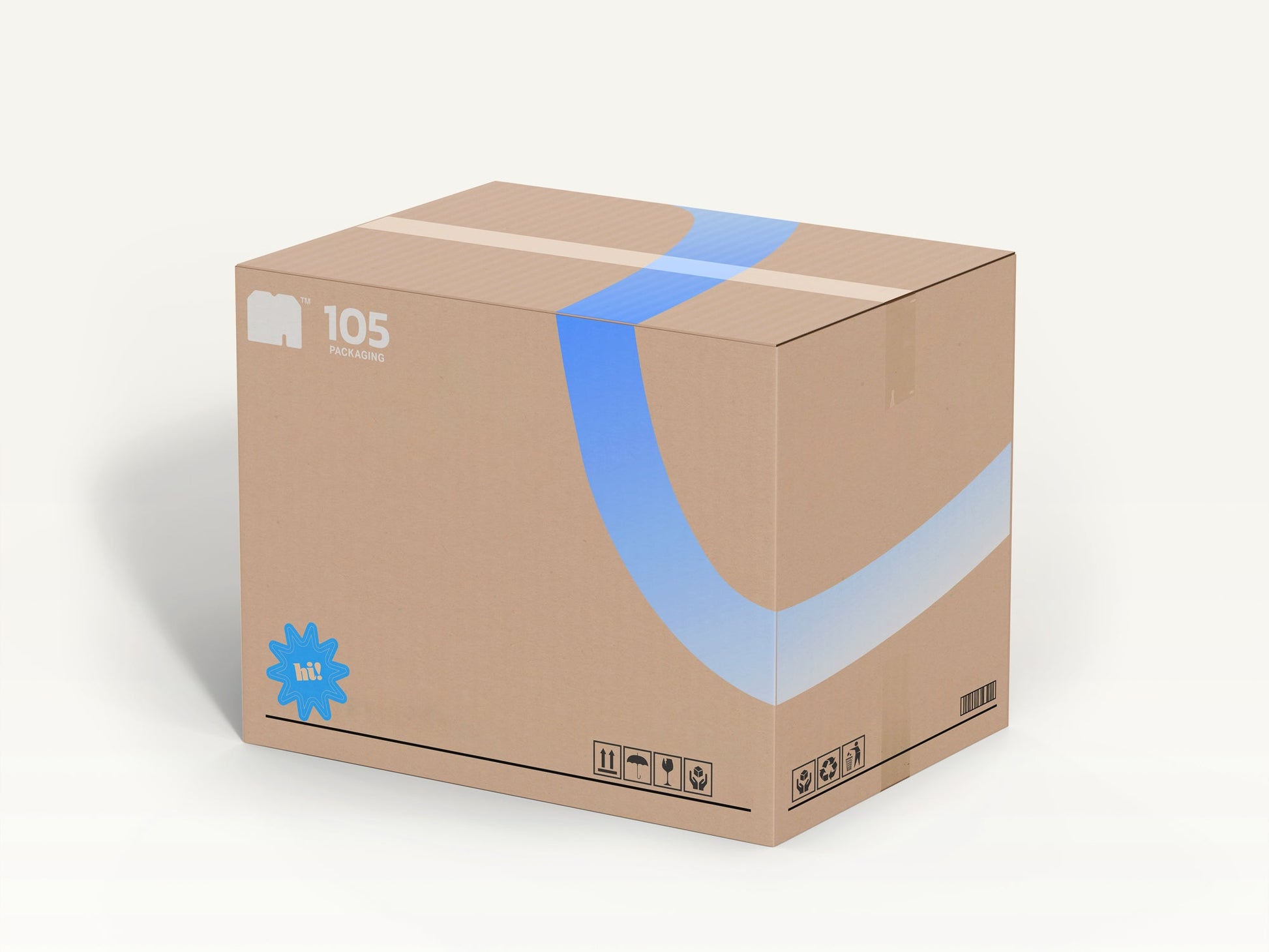 A large Custom Shipping Box from 105 Packaging, featuring custom blue and white graphics and the number "105" on one side. The box is positioned on a white background, with shipping symbols printed along the bottom edge.