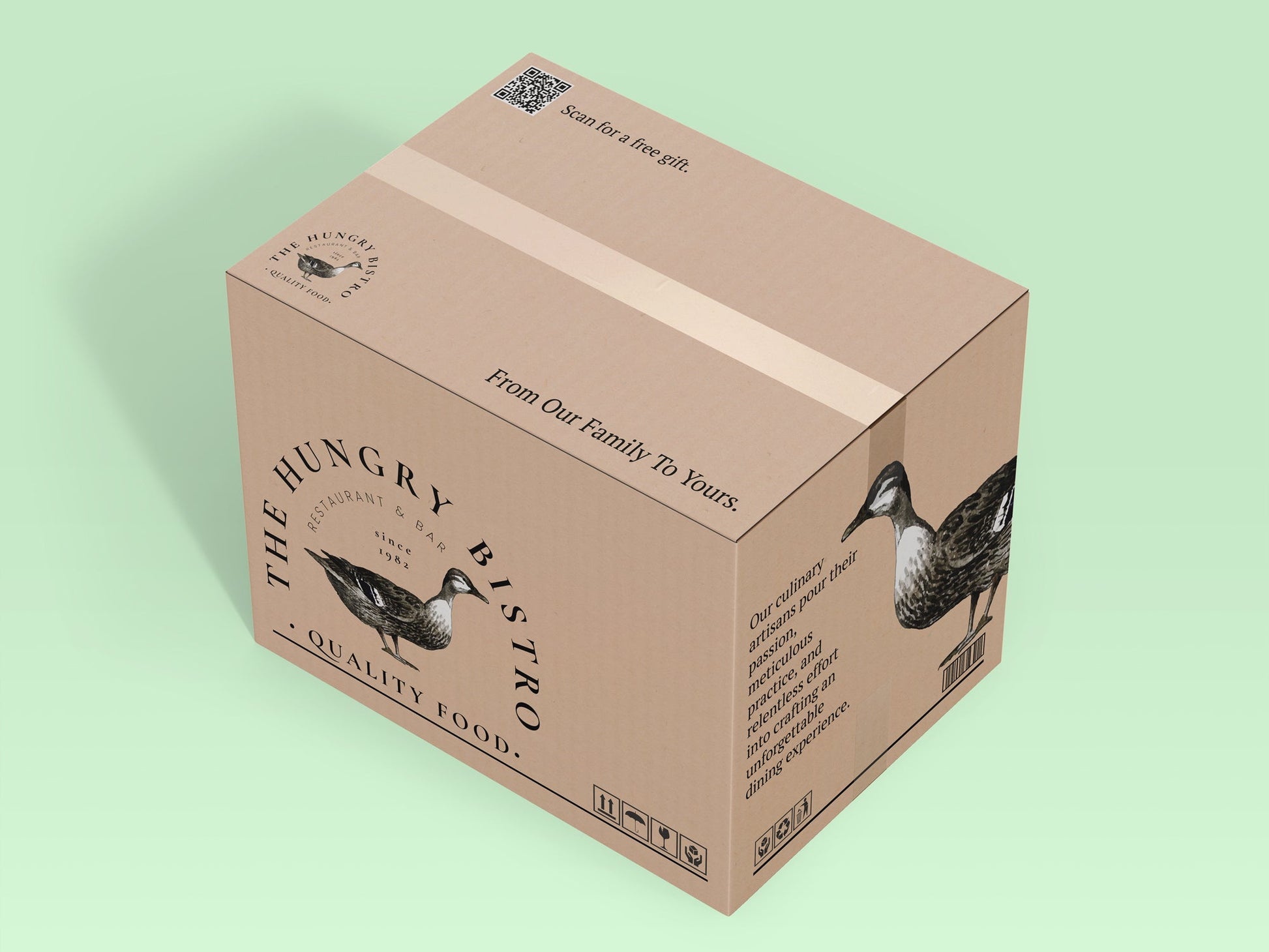 Cardboard box labeled "The Hungry Bistro" featuring a duck illustration and the text "From Our Family to Yours. Scan for a free gift." This custom shipping box from 105 Packaging includes branding and a QR code.