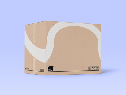 A large brown custom shipping box from 105 Packaging, featuring white curved designs on a light blue background. This packaging is labeled with various shipping and handling symbols and the number "105" on the bottom left corner.