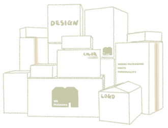 Illustration of multiple cardboard boxes of varying sizes stacked together, showcasing 105 packaging solutions.